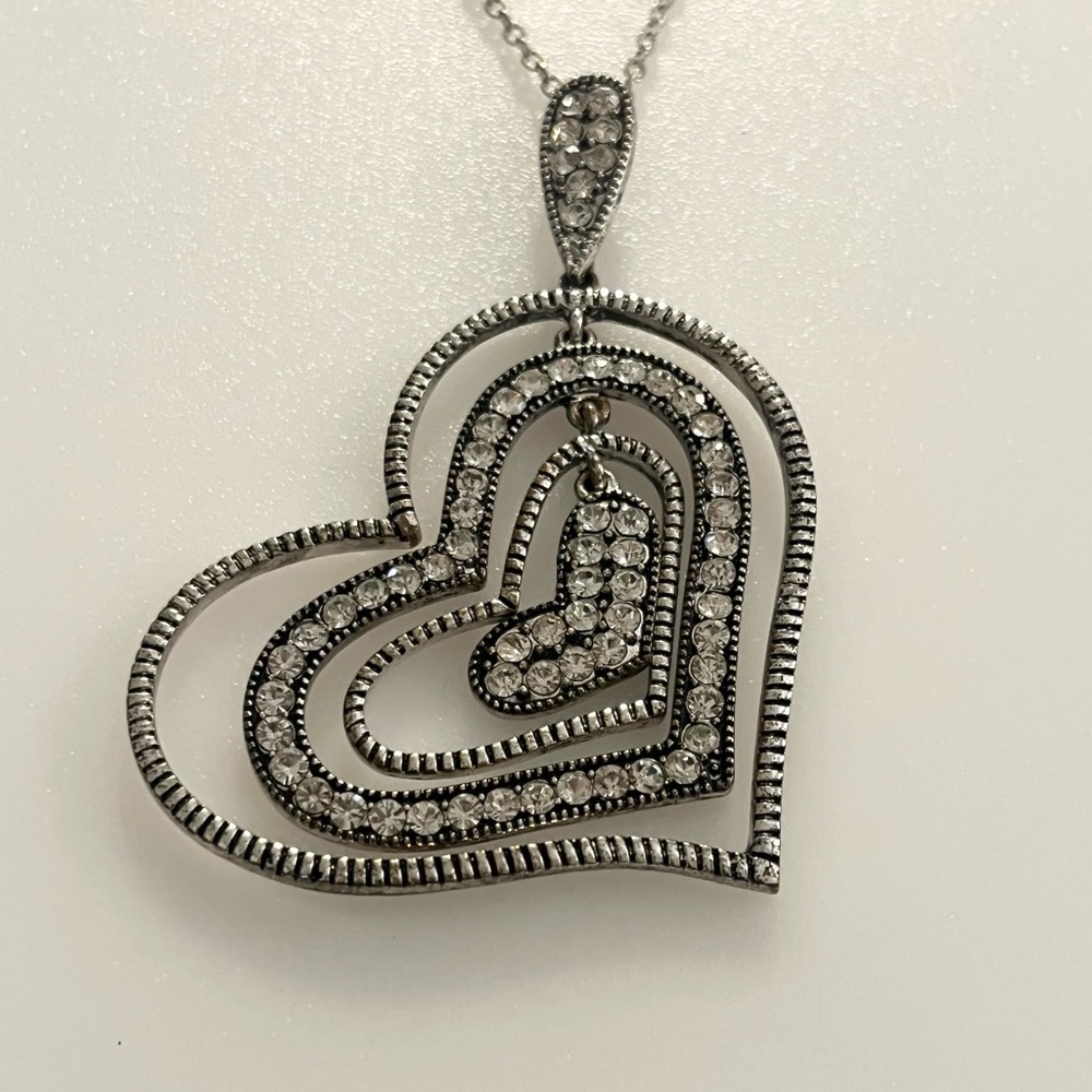 Rhinestone Layered Silver Tone Stacking Hearts Pe… - image 1